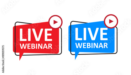 Dual live webinar tag graphic featuring red and blue speech bubbles with white text and a play button indicating a live streaming video event.