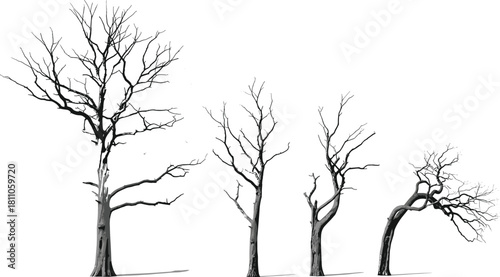 PrintRealistic 3D Render of Four Dead, Bare Trees, Representing Drought, Despair, Decay, Death, Aging, and Environmental Distress in a Photorealistic Vector Style.