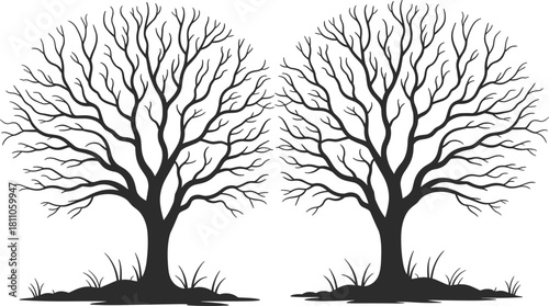 PrintStylized Black Silhouette of Two Symmetrical Bare Trees Without Leaves, Representing Duality, Mirroring, Winter, Identity, and Natural Organic Design Vector Graphic Element.