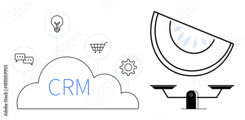CRM cloud surrounded by gear, lightbulb, cart, and chat icons symbolizing tools, innovation, and efficiency. Scales with a fruit slice emphasize balance, sustainability and equitable choices. Ideal