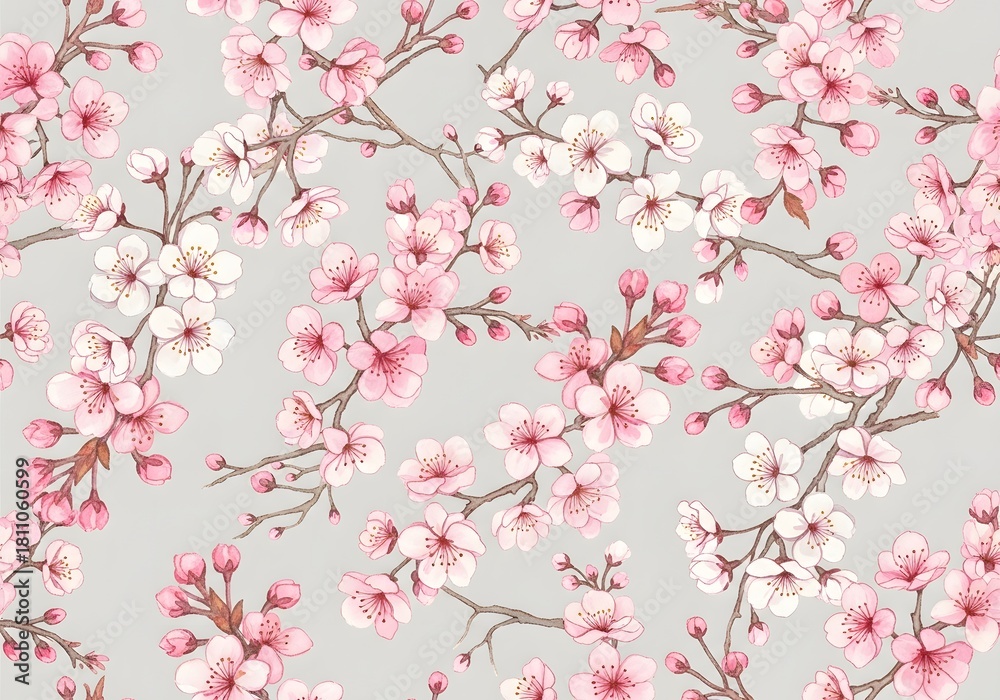 Fototapeta premium Delicate Cherry Blossom Branches on a Soft Gray Background A Floral Pattern for Spring