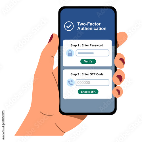 Hand holding a smartphone displaying two-factor authentication with password and OTP fields, showing secure login, verification, and digital protection process. Flat vector illustration