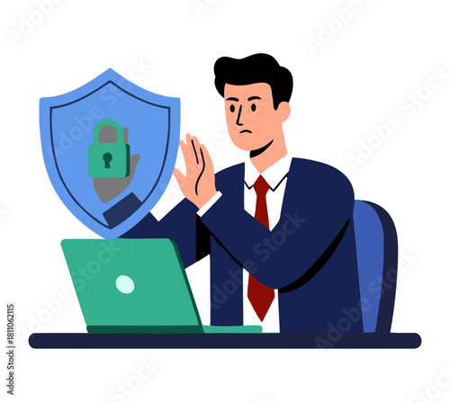 Businessman protecting his laptop with a security shield and lock icon, symbolizing data safety, cyber protection, privacy, and online security awareness. Flat vector illustration