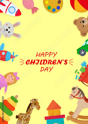Happy Children's day card frame with colorful toys in background rabbit bear rocker sweets pyramid ball doll