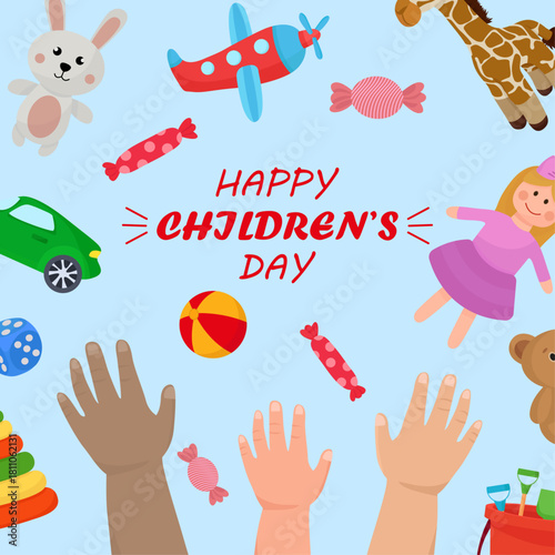 Happy Children's day kids hands throwing toysdoll ball car plane plush bear sweets vibrant illustration