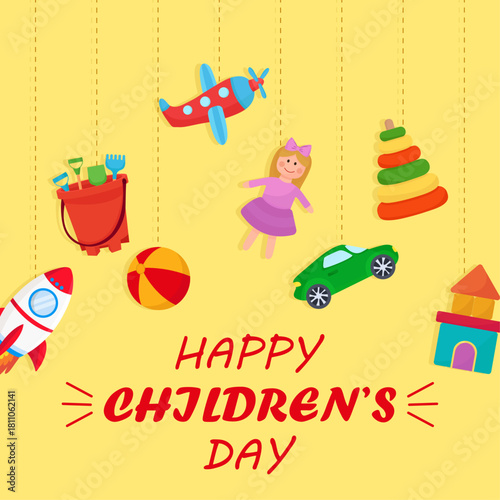 Happy Children's day greeting card with vibrant hanging colorful toys plane doll ball rocket car