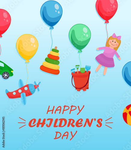 Happy Children's day card hanging toys colorful balloons doll car plane pyramid ball