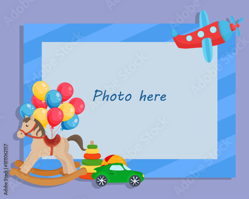 Kid photo frame with toys birthday frame balloons rocking horse plane car pyramid ball