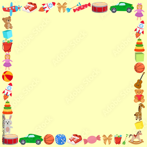 Vibrant kid's frame with colorful educational toys music tools doll ball pyramid car plane bear rolling horse