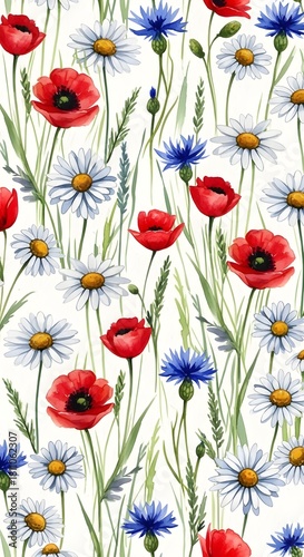 Vibrant watercolor seamless pattern of wild poppies, daisies, and cornflowers with green foliage, capturing the cheerful essence of a summer meadow