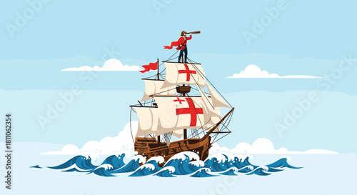 A lone explorer gazes through a spyglass from the top of a sailing ship amidst choppy ocean waves.