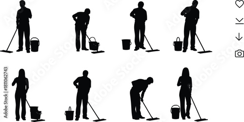 Silhouettes Set of People Mopping the Floor, Cleaning Service Worker with Mop and Bucket in Various Poses, Professional Janitor Maintaining Hygiene.