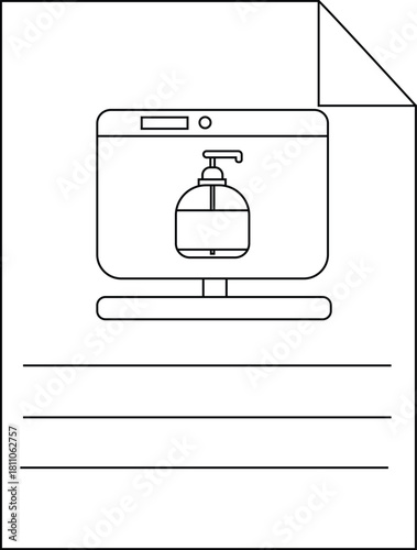 A document shows a monitor displaying a soap dispenser with three lines below
