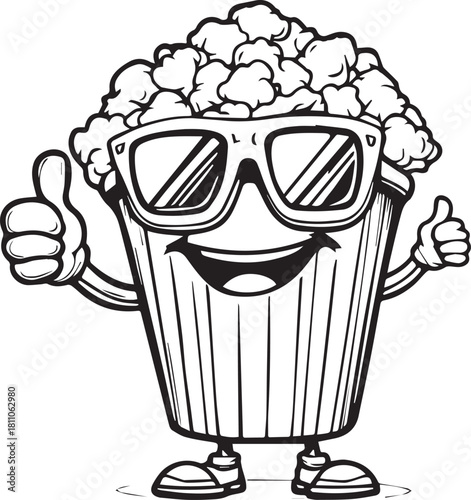 Cool Popcorn Mascot Character Sunglasses Thumbs Up Monochrome Vector Illustration Cinema