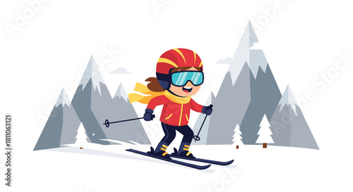 Cartoon child skier in red jacket and yellow scarf happily skiing down a snowy mountain slope.