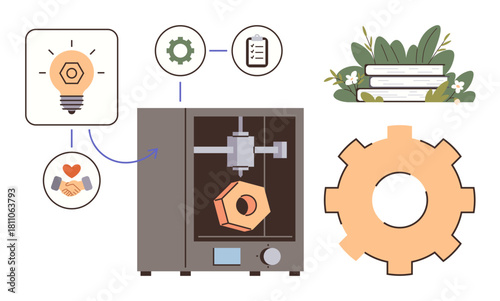 3D printer creating gear, surrounded by icons of idea, teamwork, checklist, sustainability, progress. Ideal for innovation, technology, teamwork creativity sustainability entrepreneurship future