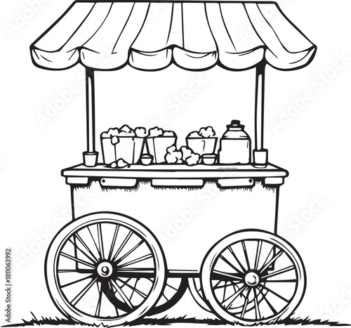 Popcorn and Drink Food Cart Vendor Monochrome Vector Illustration Vintage Engraving