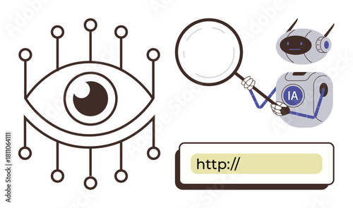AI robot using magnifying glass near a networked eye and URL bar, signifying data exploration, web research, and technological advancement. Ideal for AI, internet, research, innovation, analysis