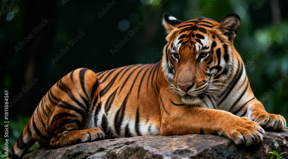 Naklejka premium Majestic Bengal Tiger Resting on Rock in Natural Forest Habitat