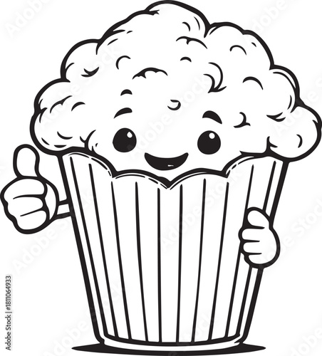 Monochrome Cute Popcorn Bucket Mascot Giving Thumbs Up Vector Black White Outline Sketch 