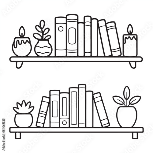 Cozy reading nook illustration with books plants and candles on shelves