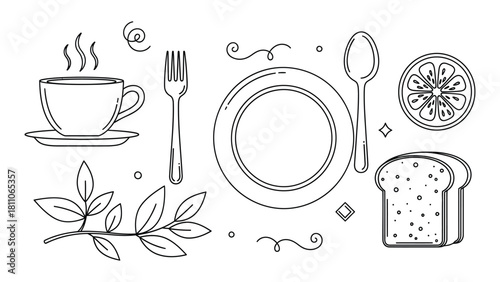 Hand drawn sketch of a breakfast setting with coffee toast and fruit