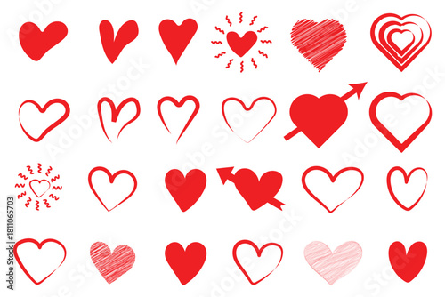 Hand drawn heart icons set, love and romance doodles vector design on transparent background