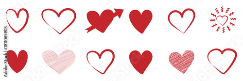 Hand drawn heart icons set, love and romance doodles vector design on transparent background
