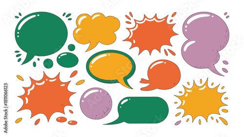 Collection of colorful comic book style speech bubbles and explosion shapes