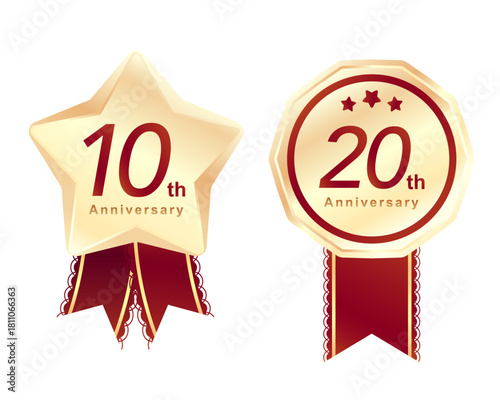 10周年・20周年記念！豪華な星形＆円形メダルバッジセット 高級感のある金色のリボン付きアニバーサリーメダル