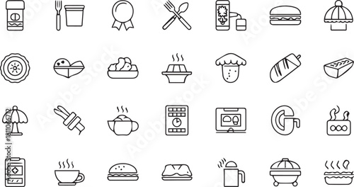 Assorted Culinary Icons: An assortment of line art icons representing diverse food and beverage elements, perfect for illustrating food concepts, culinary blogs, and restaurant menus.