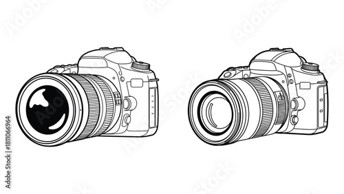 Two detailed line art illustrations of dslr cameras facing opposite directions