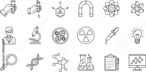 Science Icons: a collection of diverse vector icons that represent key elements and tools, perfectly suited for educational materials.