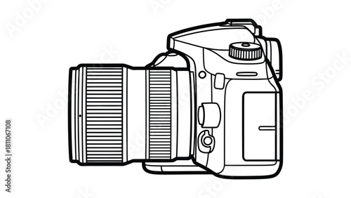 Detailed line drawing of a digital slr camera with lens in profile view