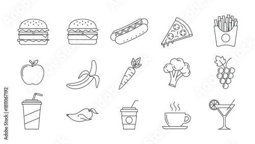 Hand drawn sketch collection of fast food and fresh produce icons