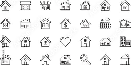 Diverse Home Icons: A collection of various home illustrations in outline style, perfect for representing properties, real estate concepts, and design elements.