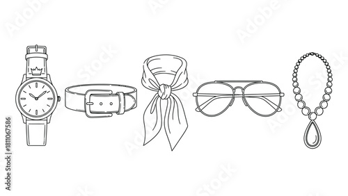 Collection of hand drawn accessories including a watch bracelet scarf sunglasses and necklace