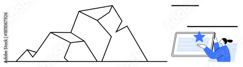 Abstract geometric mountains paired with a person interacting with a tablet, selecting a star rating. Ideal for creativity, evaluation, feedback, exploration, design, innovation, user interaction