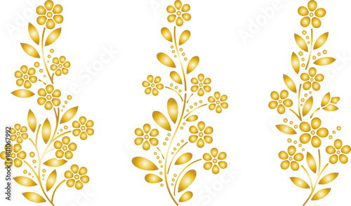 Three golden floral ornaments with leaves on a black background for decoration use