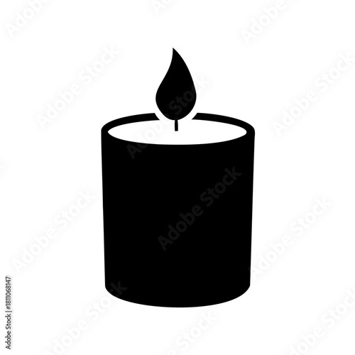 Simple black and white candle icon with cylindrical shape and flame