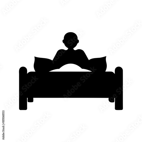 Silhouette of person sitting up in bed with pillows on white background