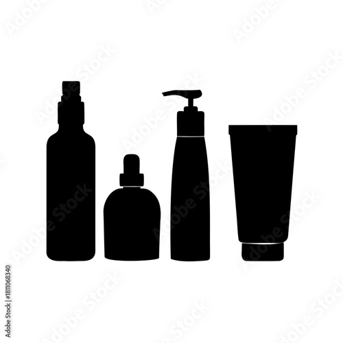Silhouette of four assorted skincare bottles, containers, dispensers and tubes on white