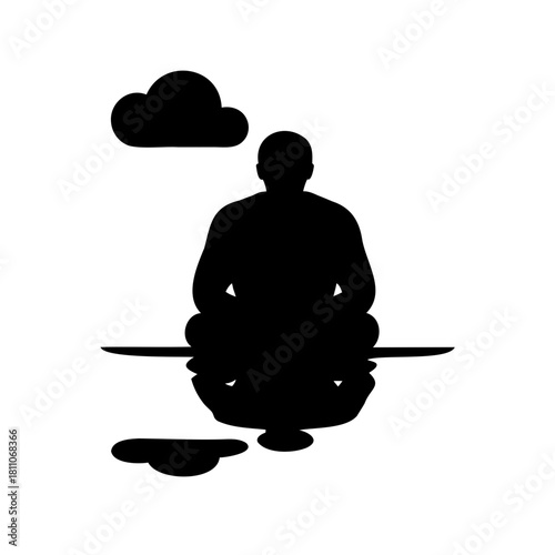 Silhouette of a meditating person with cloud, reflection and tranquility concept
