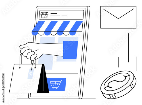 Smartphone screen with storefront awning, hand reaching out holding shopping bags, envelope icon, and falling coin. Ideal for e-commerce, delivery, payment, technology, retail marketing investment