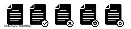 Complete set of solid vector glyph icons for single document status: Blank File, Verified (Check), Rejected (Cross), Important (Star), and Update/Settings (Gear). Essential graphics for interface and 