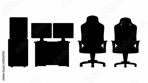 Modern gaming setup silhouette with dual monitors and ergonomic chairs, embodying focus and comfort for immersive digital experiences at home or office