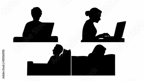 Silhouetted professionals working on laptops and relaxing, conveying focus, productivity, and modern work culture in a minimalist, scalable vector style