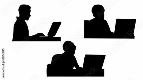 Dynamic silhouettes of professionals working on laptops, perfect for illustrating teamwork, remote work, and modern office environments, originally a scalable graphic