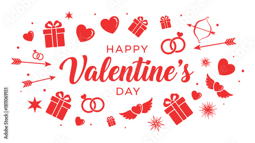Festive red valentine's day illustration with hearts gifts and arrows