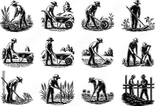 Farmer Agricultural Activity Vector Set, Farm Worker Labor, Wheelbarrow, Raking, Digging, Vintage Woodcut Style Illustrations, Graphic